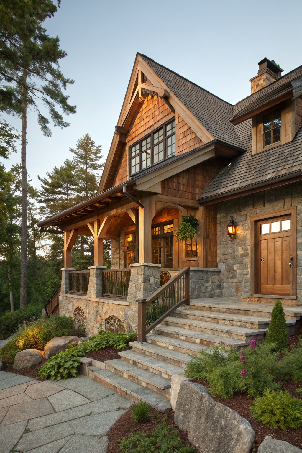 Two-story house exterior featuring brown shingle siding, stone foundation and accents around the entry porch, wooden posts and railing, stone steps leading to a wooden door, surrounded by trees, boulders, and plantings.