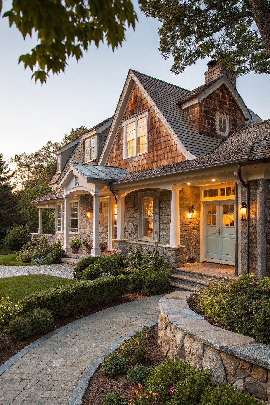 A two-story house exterior featuring brown cedar shingle siding, stone foundation and porch columns, covered entry porch with columns, landscaped borders, and a curved stone pathway leading to double front doors in evening light.