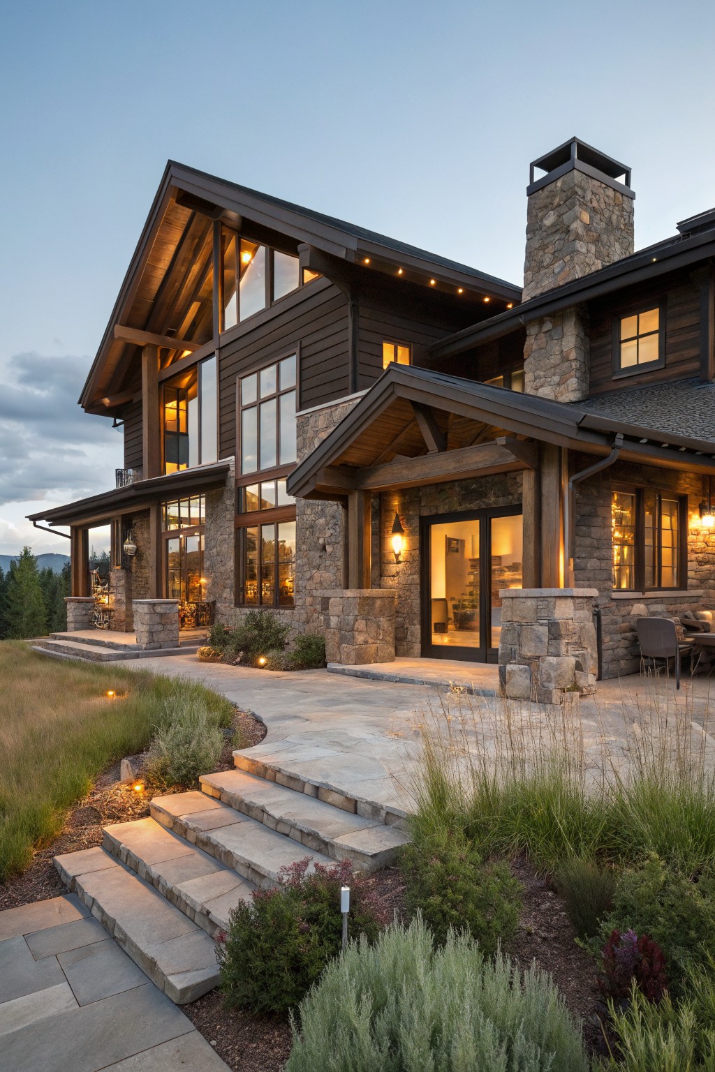 Multi-story house exterior with dark brown wood siding, tall stone chimney, stone pillars at glass entry doors, large windows, stone patio stairs, and surrounding grasses at dusk.