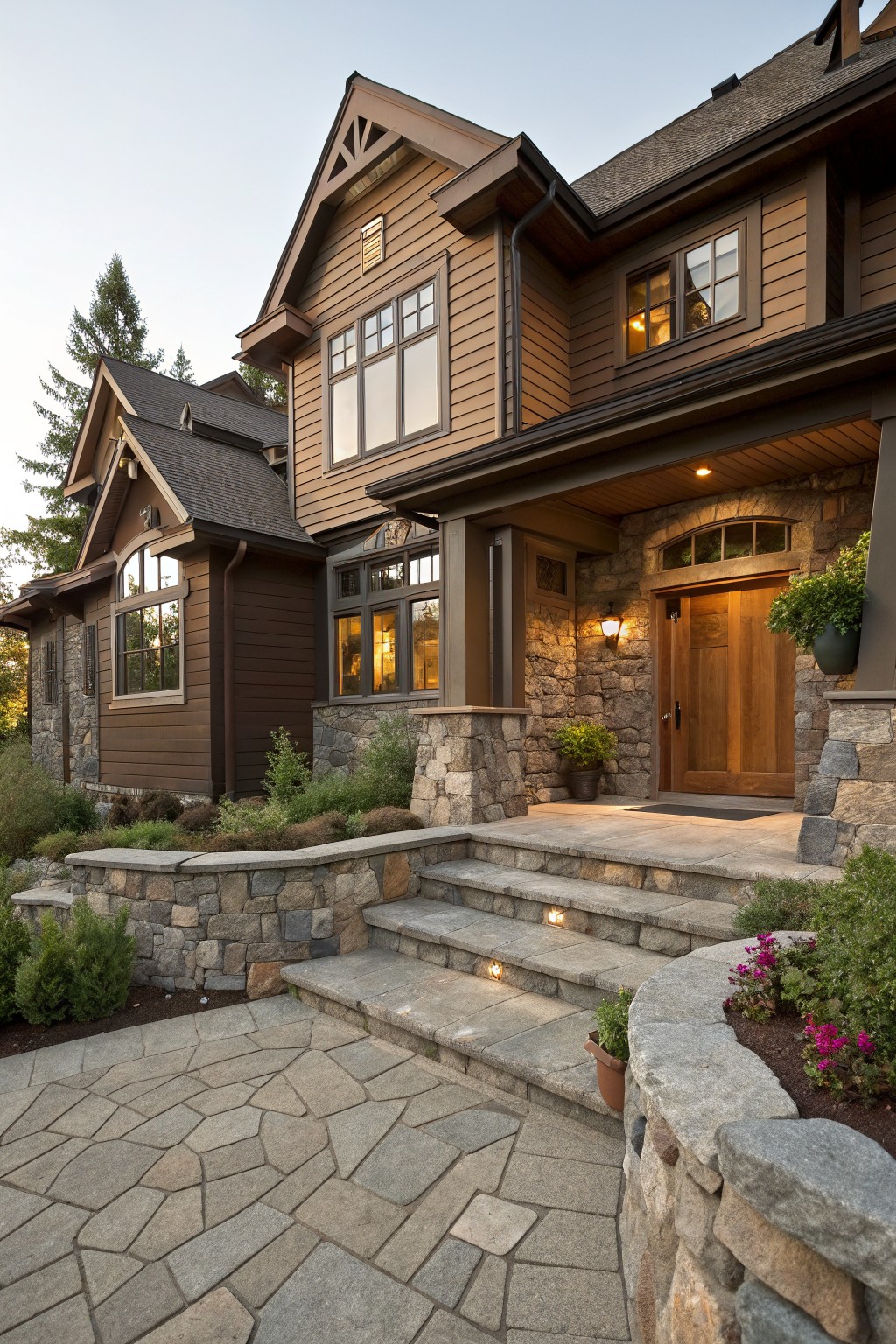 Two-story brown shingle house exterior with stone accents framing the arched wooden entry doors, lit stone steps, low retaining walls, and surrounding plants and trees.