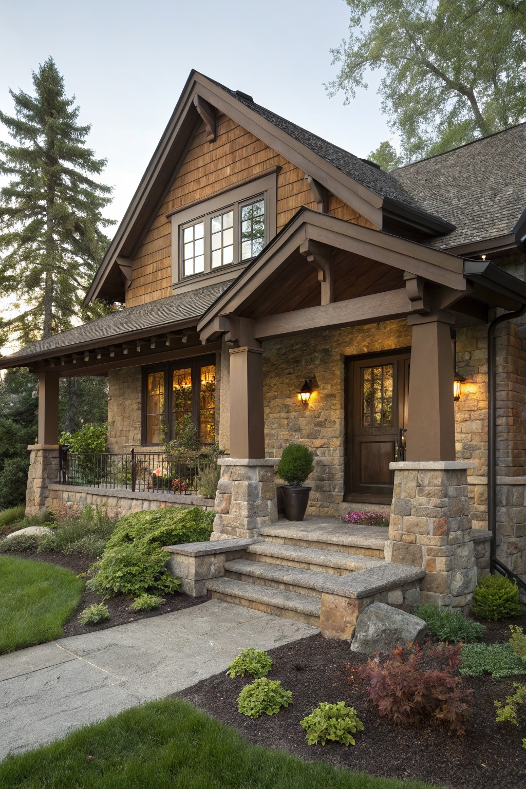 Two-story house exterior with brown shingle siding, stone pillars and accents on the covered front porch, wooden door with sidelights, stone steps, and landscaped path leading to the entry.
