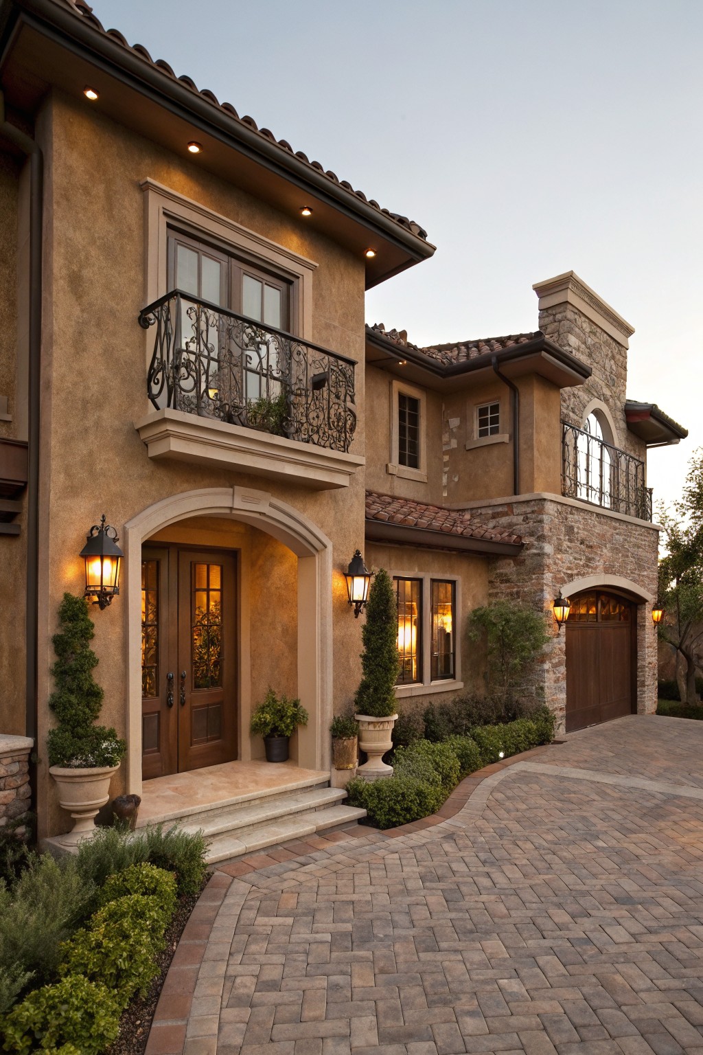 Two-story house exterior with beige textured stucco walls, stone accents on garage and tower, arched wooden front door flanked by lanterns, wrought iron balcony above, wooden garage door, brick paver driveway, and boxed shrubs.