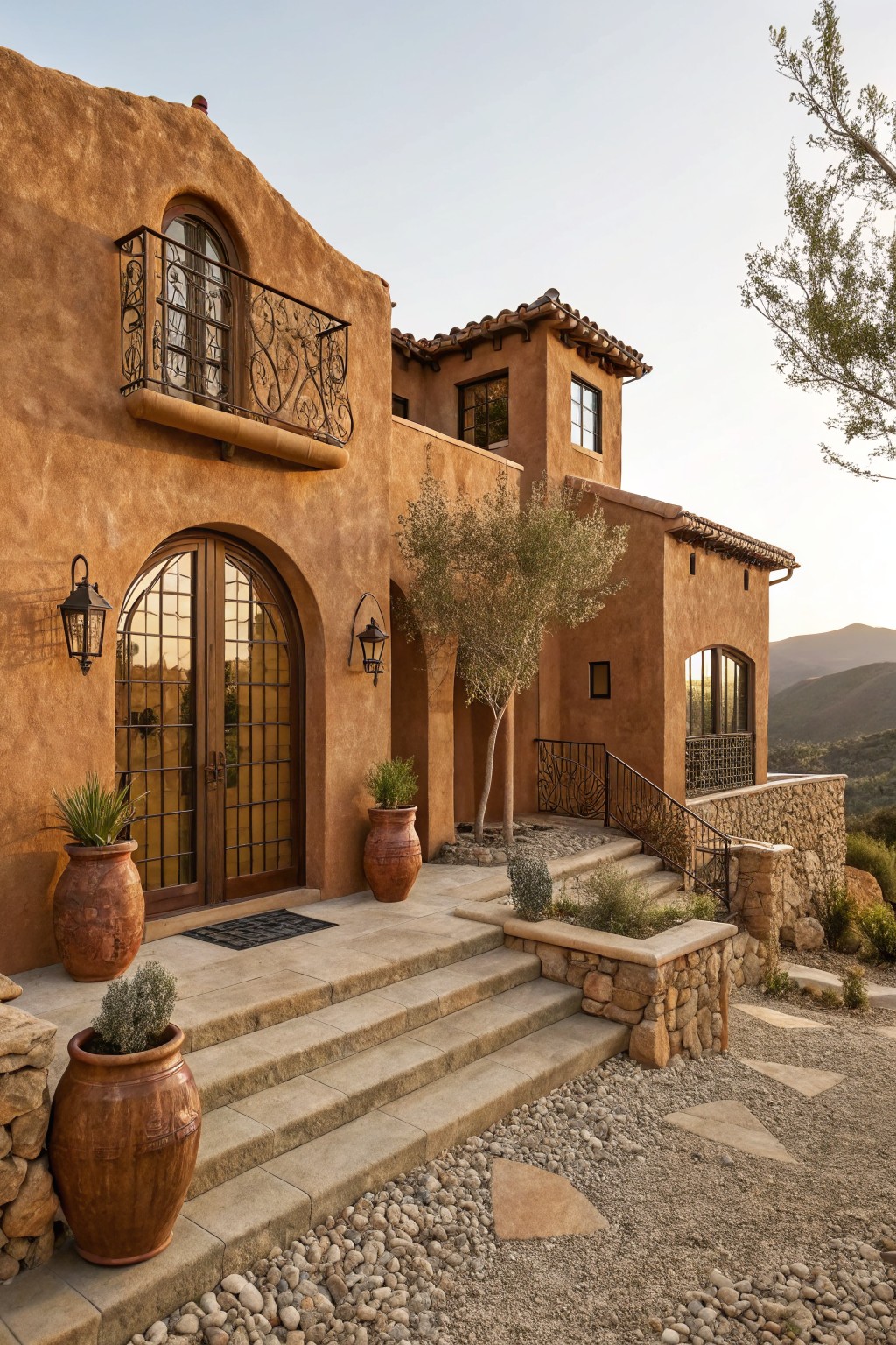 Textured brown stucco house exterior with arched wooden door, wrought iron balcony and railing, stone steps and base walls, potted plants, olive tree, gravel path, and distant mountains at dusk.
