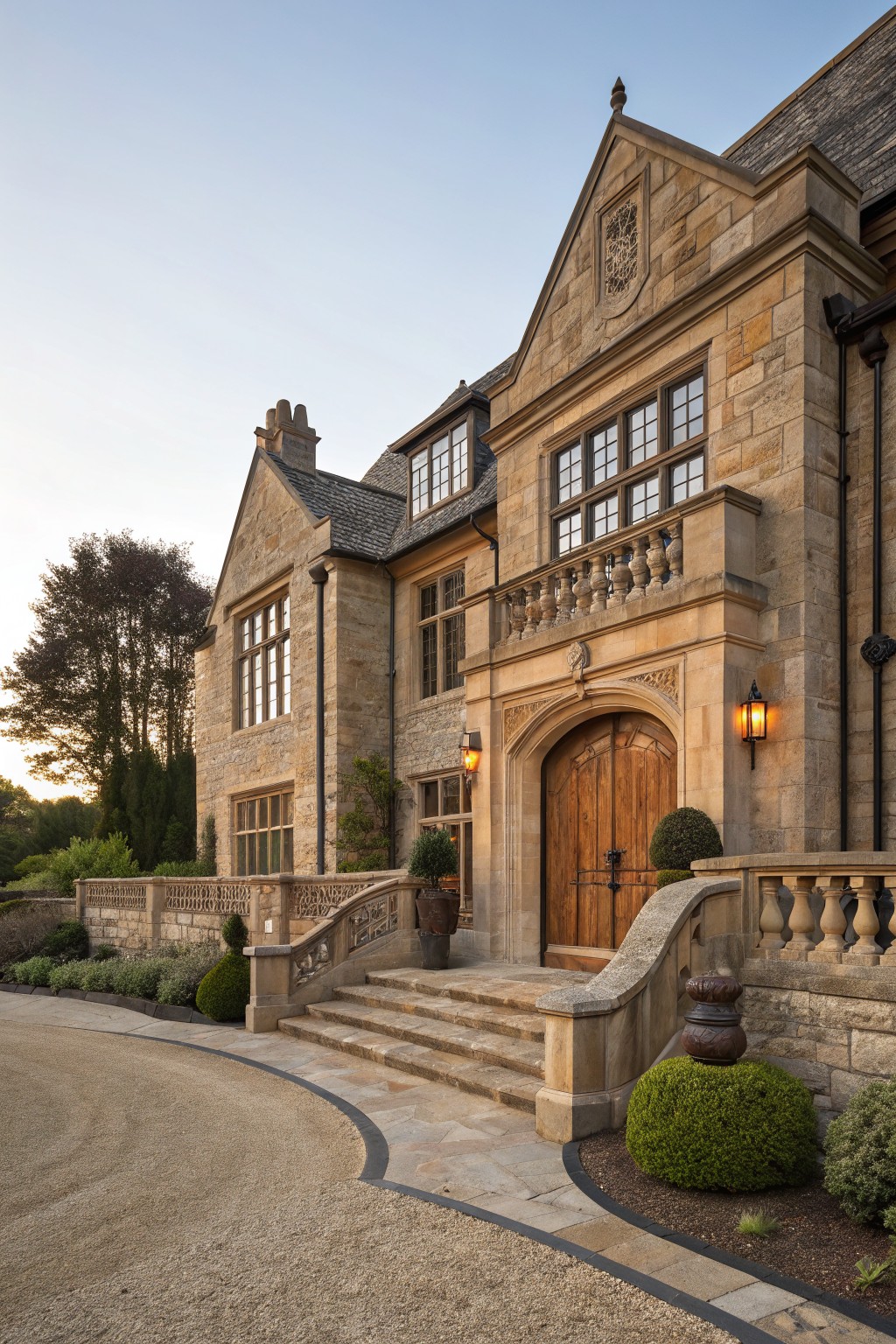 Stone house exterior with a grand arched wooden double door entryway, flanked by lanterns, stone steps, balustrades, and topiary plants leading from a curved gravel driveway.