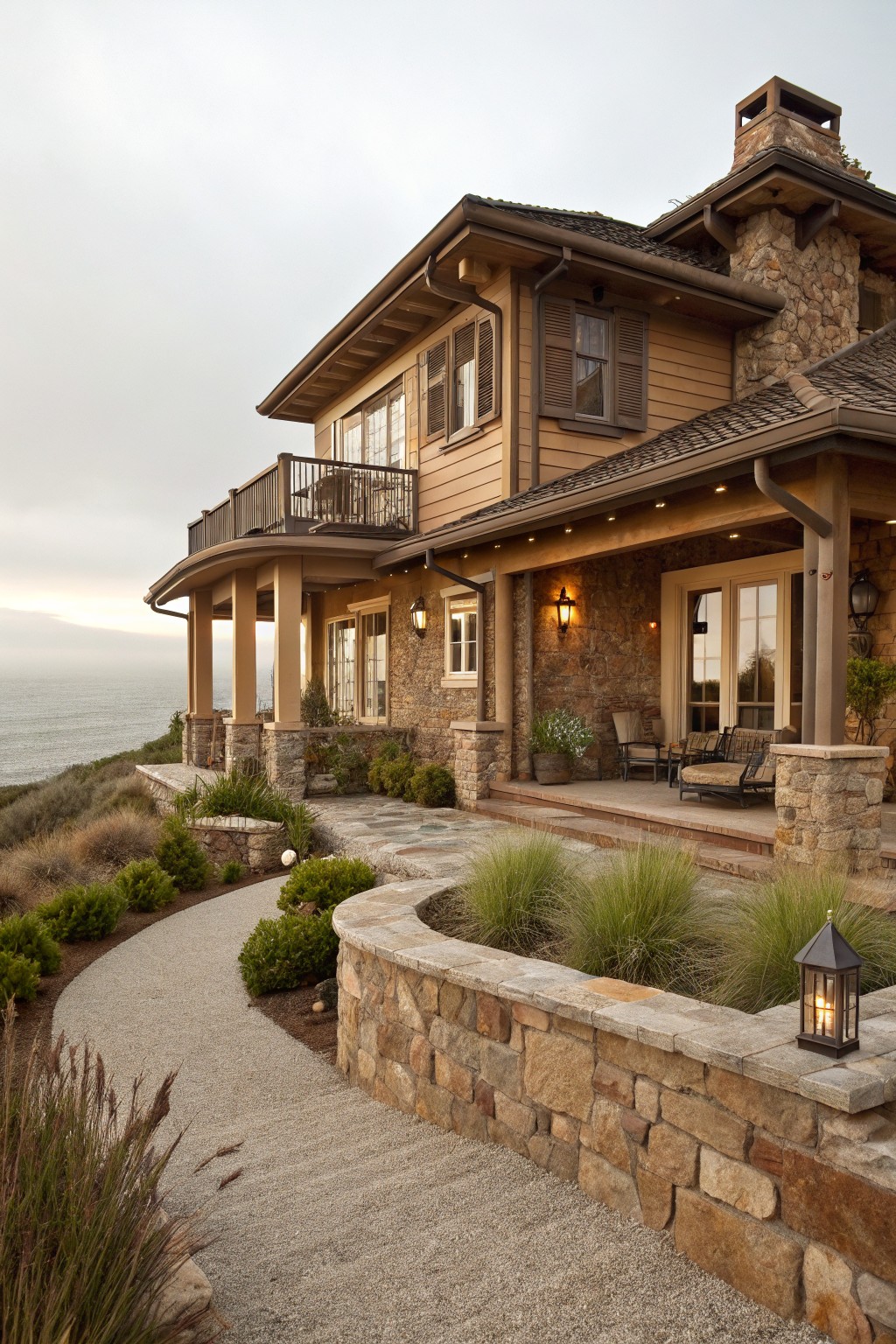 A two-story house with brown shingle roof and siding, stone pillars supporting a porch and balcony with outdoor seating, stone pathway edged by grasses, overlooking the ocean on a coastal hillside.