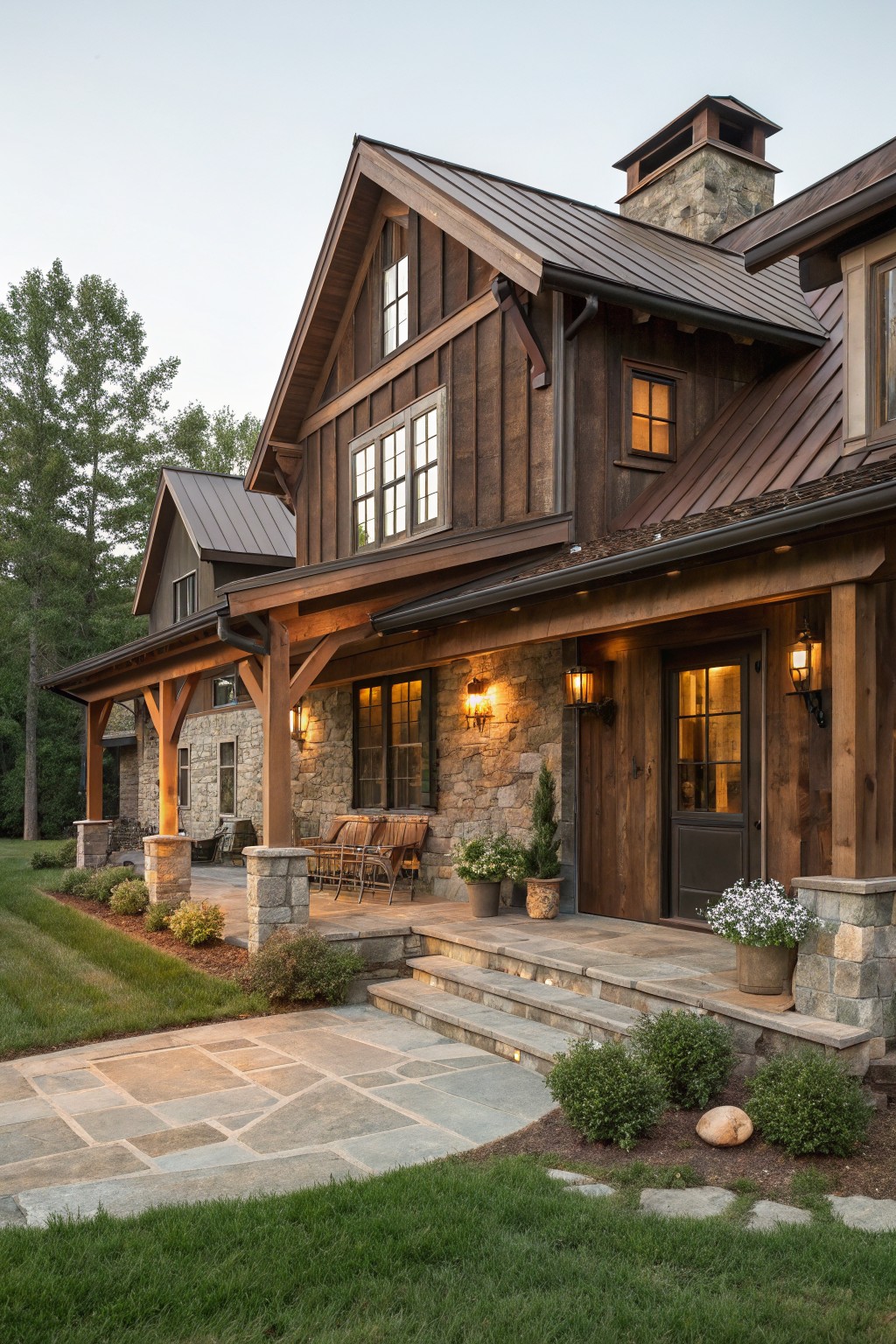 Brown wood board-and-batten sided house with metal roof, covered front porch supported by stone pillars and wooden beams, stone steps, potted plants, and landscaped yard.