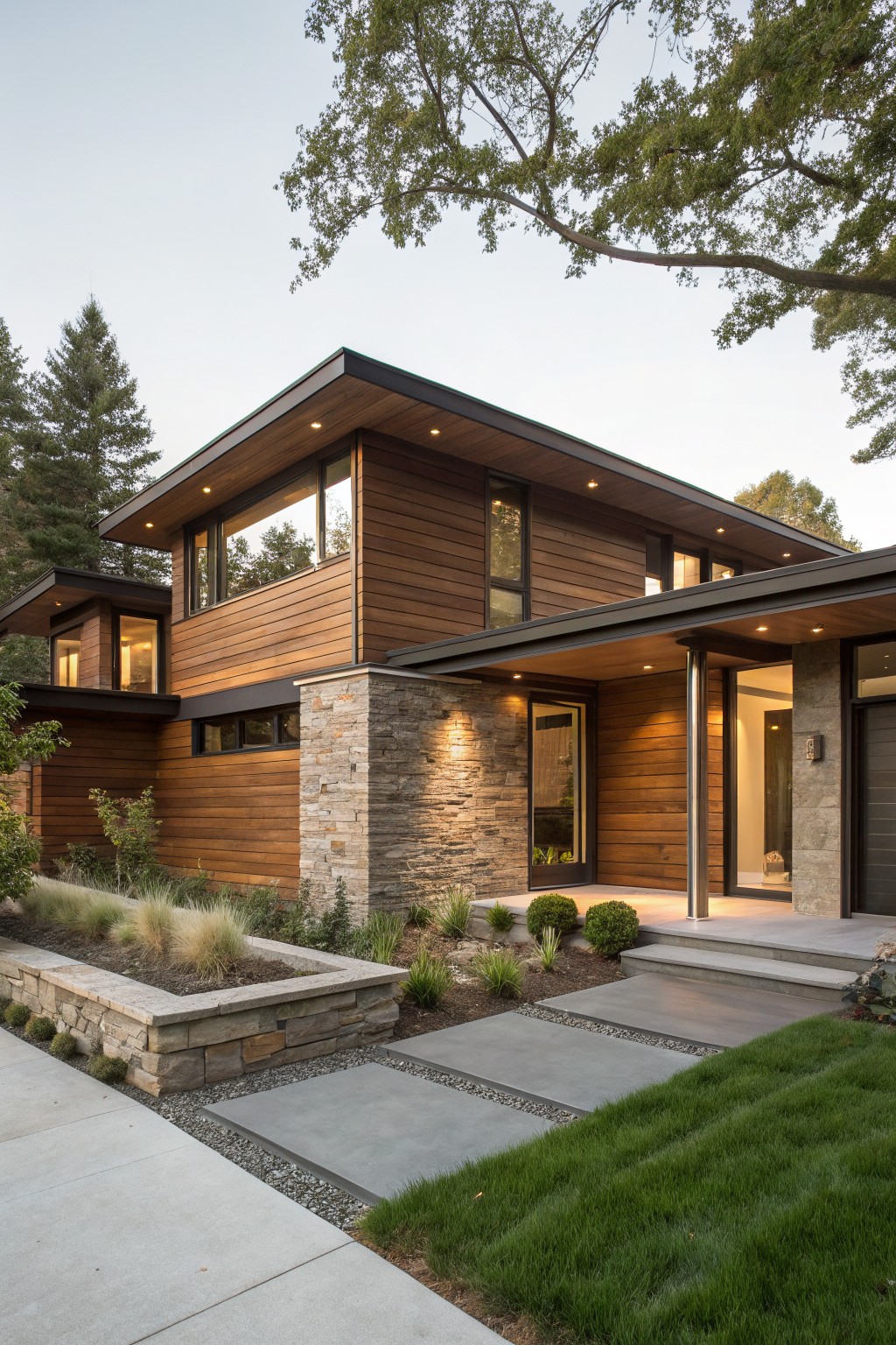 Modern house exterior featuring brown horizontal wood siding, a stone pillar at the covered entry, concrete steps, stone retaining walls, and low landscaping with grasses and shrubs along a concrete sidewalk.