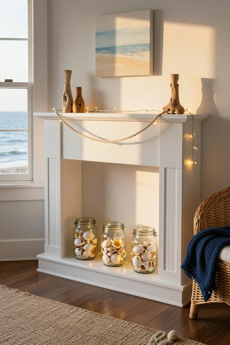 White fireplace mantel decorated with driftwood vases, a beaded seashell garland strung with fairy lights, and three mason jars filled with seashells and twinkling lights, beside a window with ocean view and a wicker chair nearby.