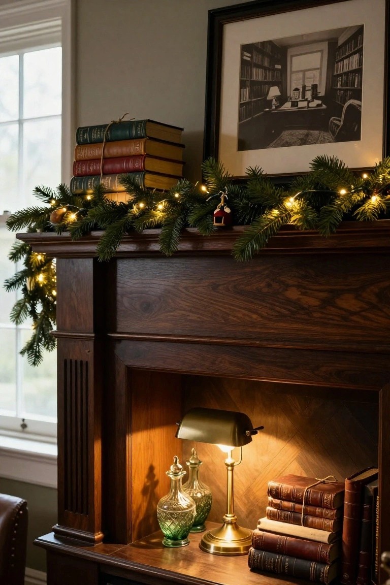 Wooden fireplace mantel decorated with evergreen garland strung with white twinkle lights and small ornaments, vintage books stacked on top and in the niche with a lit green-shaded desk lamp and glass decanters.