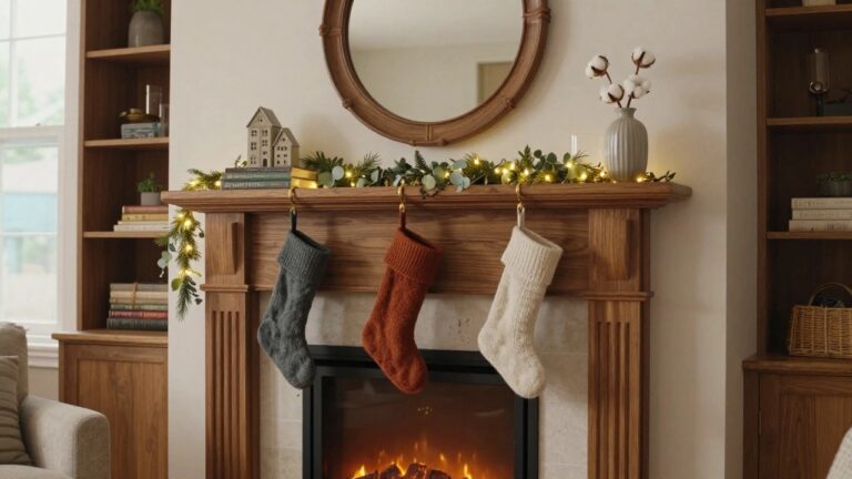 Wooden fireplace mantel decorated with green eucalyptus garland strung with white twinkle lights, colorful knit Christmas stockings hanging from gold hooks, cotton stems in vases, and a small wooden house figurine nearby.