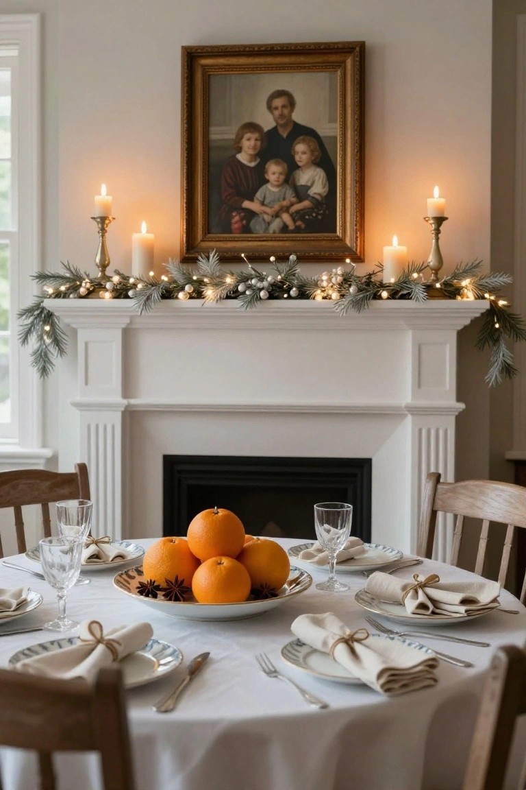 White fireplace mantel decorated with evergreen garland strung with twinkle lights and white berries, flanked by brass candlesticks with lit candles, above a white-draped dining table centered with a bowl of oranges and set with white plates and glassware.