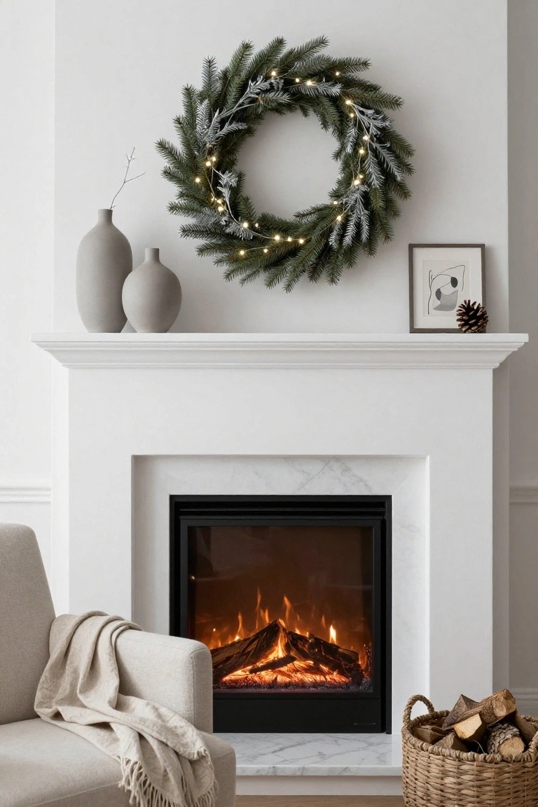 White mantelpiece above a modern gas fireplace with a frosted green wreath strung with white twinkle lights hanging on the wall, gray ceramic vases on the mantel, a small framed abstract art and pinecone nearby, beige armchair with throw in front, and woven basket of firewood on the floor.