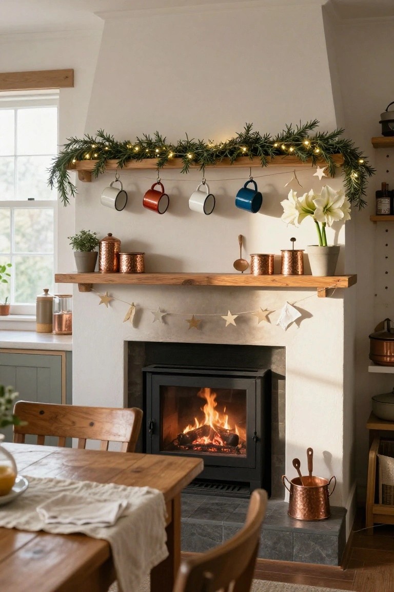 White fireplace with burning fire, wooden shelf above holding copper pots, plants, and amaryllis, draped with rosemary garland and twinkle lights, colorful mugs hanging from hooks, wooden dining table and chairs nearby in a kitchen.