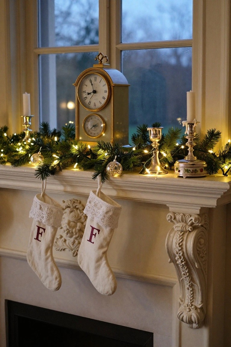 Christmas mantel over a beige fireplace with evergreen garland strung with white twinkle lights, gold clock, silver candelabras, glass ornaments, and two white monogrammed stockings.