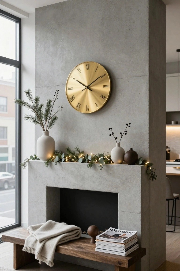 Gray concrete indoor mantel decorated with eucalyptus and pine garland strung with white twinkle lights, flanked by white and brown ceramic vases, pine branches in a white vase, berries in another vase, large gold clock on the wall above, wooden bench with gray throw blanket and stacked magazines below, large window and kitchen visible.