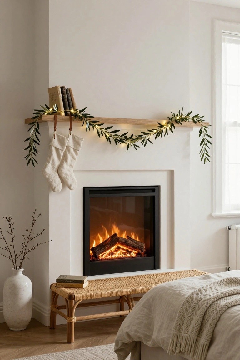 White brick fireplace with gas logs burning, wooden mantel shelf holding stacked books and draped with olive branch garland strung with small white twinkle lights, two white knit stockings hanging from leather straps, rattan bench with book and white vase in foreground of beige room.