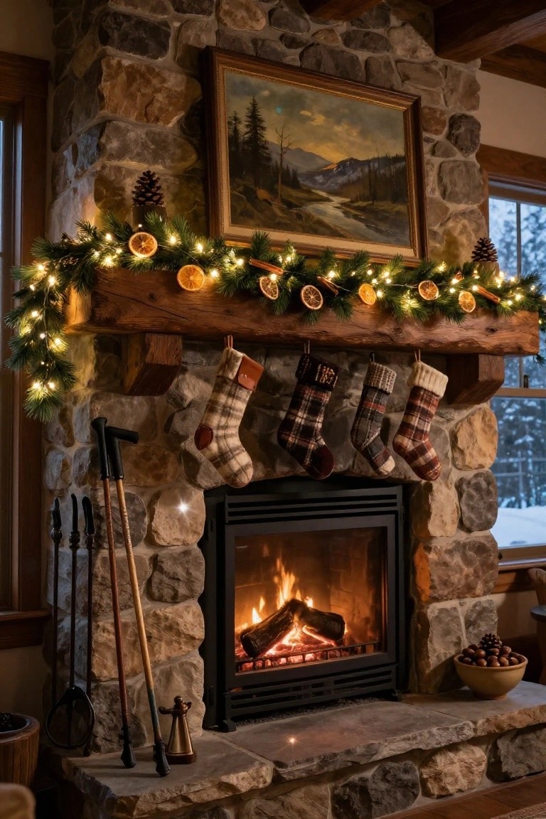 Rustic stone fireplace with wooden mantel holding evergreen garland strung with white twinkle lights, dried orange slices, cinnamon sticks, and pinecones, four patterned stockings hanging below, fire burning inside glass-front hearth, ski poles and tools on stone hearth, winter scene through nearby window.