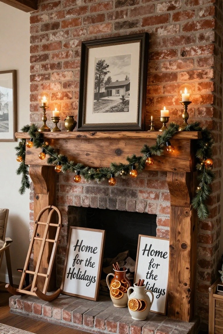 Rustic wooden mantel over brick fireplace with evergreen garland strung with orange twinkle lights, flanked by white signs reading Home for the Holidays, brass candlesticks, ladderback firewood holder, and pottery jars with dried orange slices and cinnamon sticks.