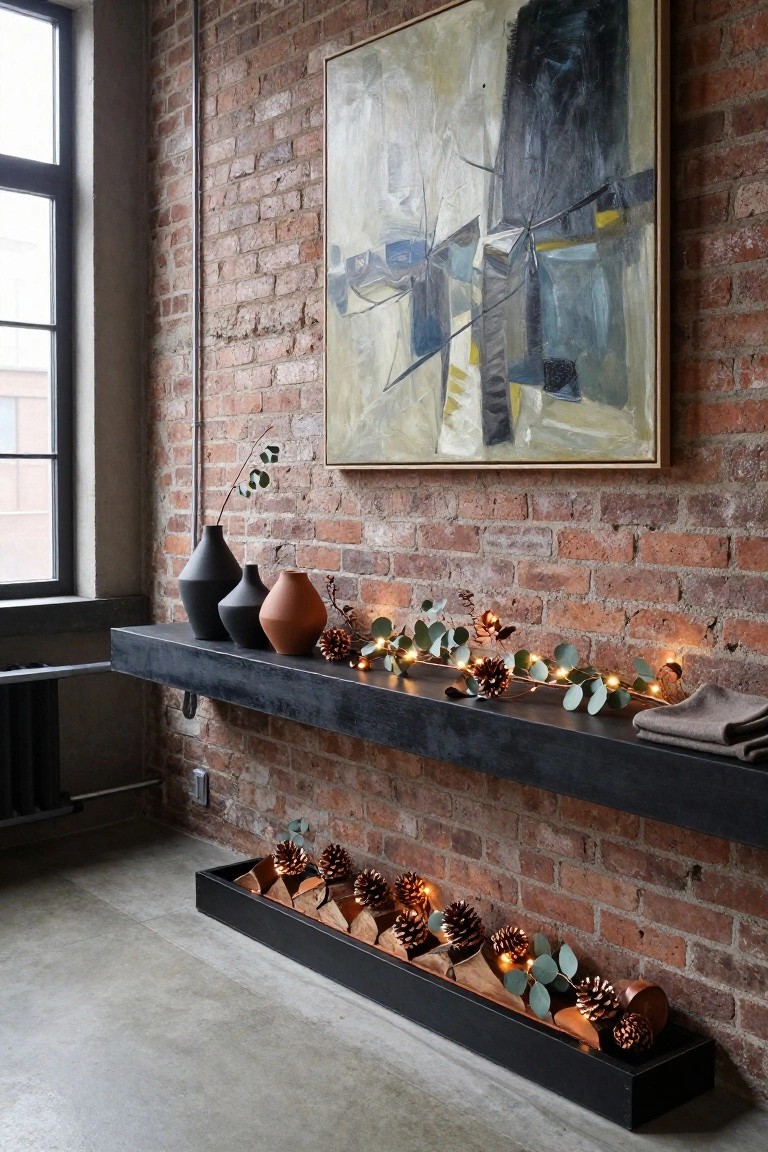 Exposed brick interior wall with black floating shelf displaying black and terracotta vases, pinecones interwoven with twinkle lights and eucalyptus garland, and a lower black tray holding more lit pinecones, eucalyptus leaves, and wood pieces.