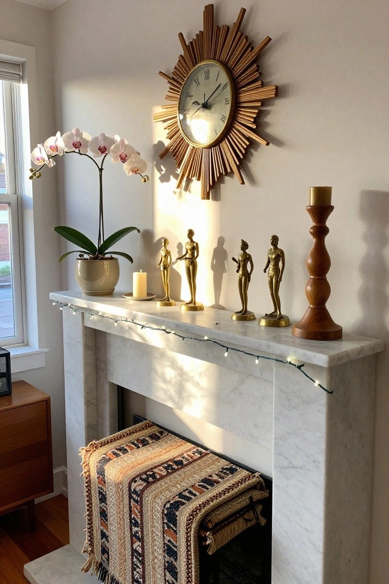 White marble fireplace mantel with a string of white twinkle lights along the edge, gold brass figurines of human figures, a potted white orchid, beige candles on small plates, and a tall wooden candlestick, sunburst clock on beige wall above.