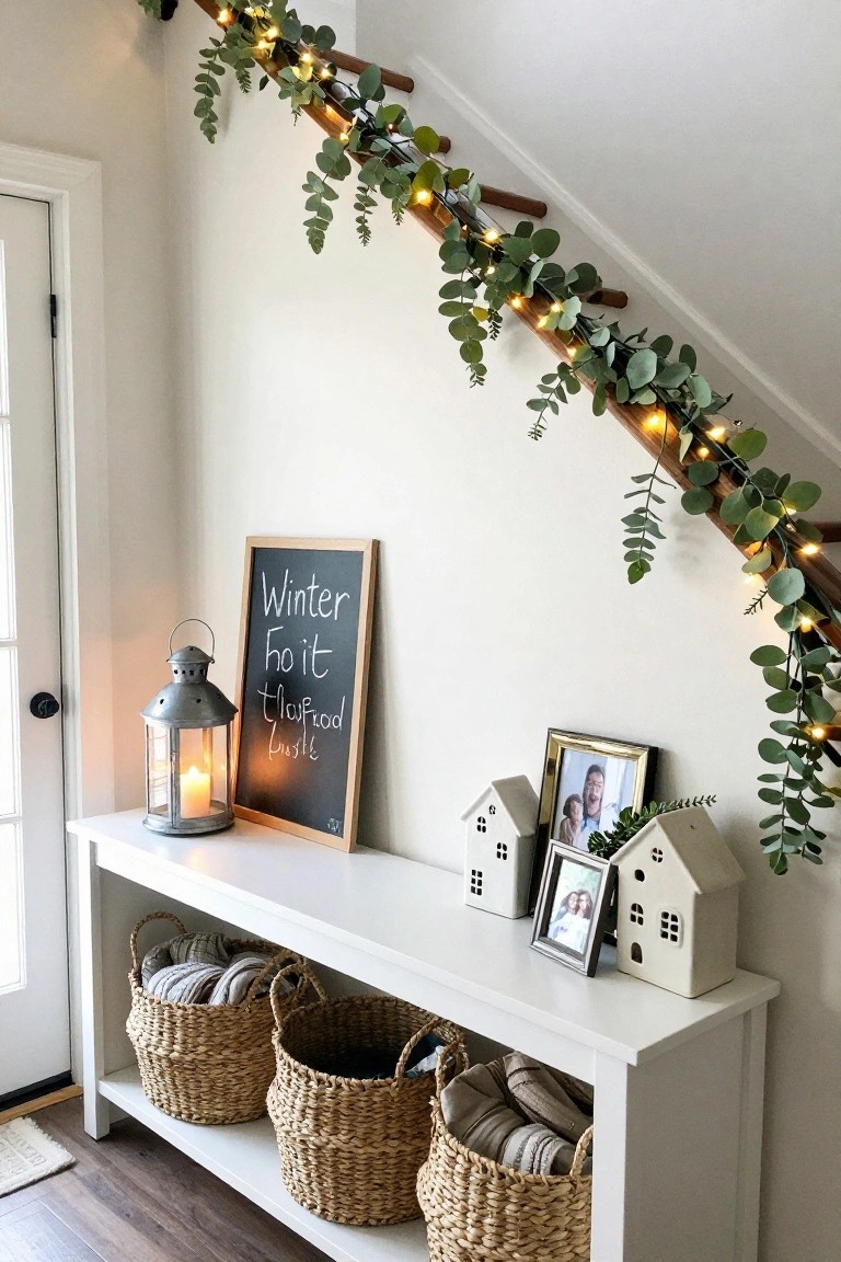 White console table in a light entryway holds seagrass baskets with blankets and shoes, a metal lantern with candle, chalkboard sign, and white ceramic houses, beside wooden stairs wrapped in green eucalyptus garland strung with small warm white twinkle lights.