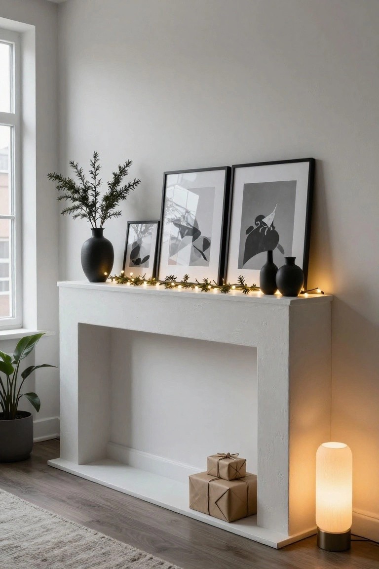 White mantelpiece topped with black vases of evergreen branches strung with small warm twinkle lights, flanked by black-framed abstract photos, small wrapped gifts below, potted plant nearby, and beige floor lamp in a light gray room with window.