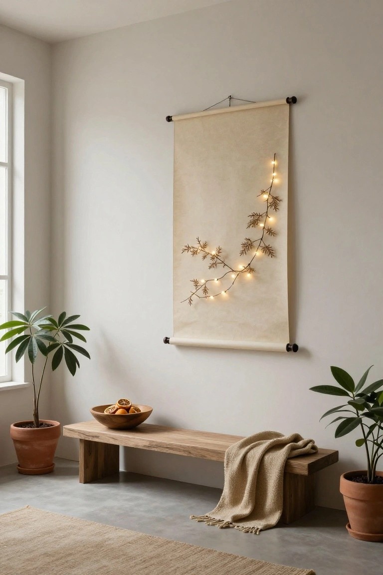 A tall beige fabric scroll hangs from wooden dowels on a light gray wall with warm twinkle lights tracing branch patterns, next to a window with potted plants, a wooden bench holding a wooden bowl of oranges and a beige throw blanket, on a seagrass rug in a bright room.