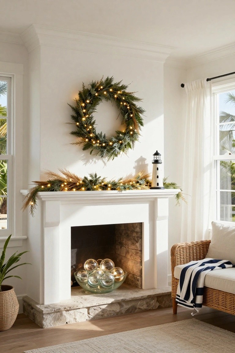 White fireplace mantel decorated with evergreen garland, twinkle lights, pampas grass, and a small black lighthouse figurine, plus a lit wreath on the nearby wall and potted plants on the hearth.