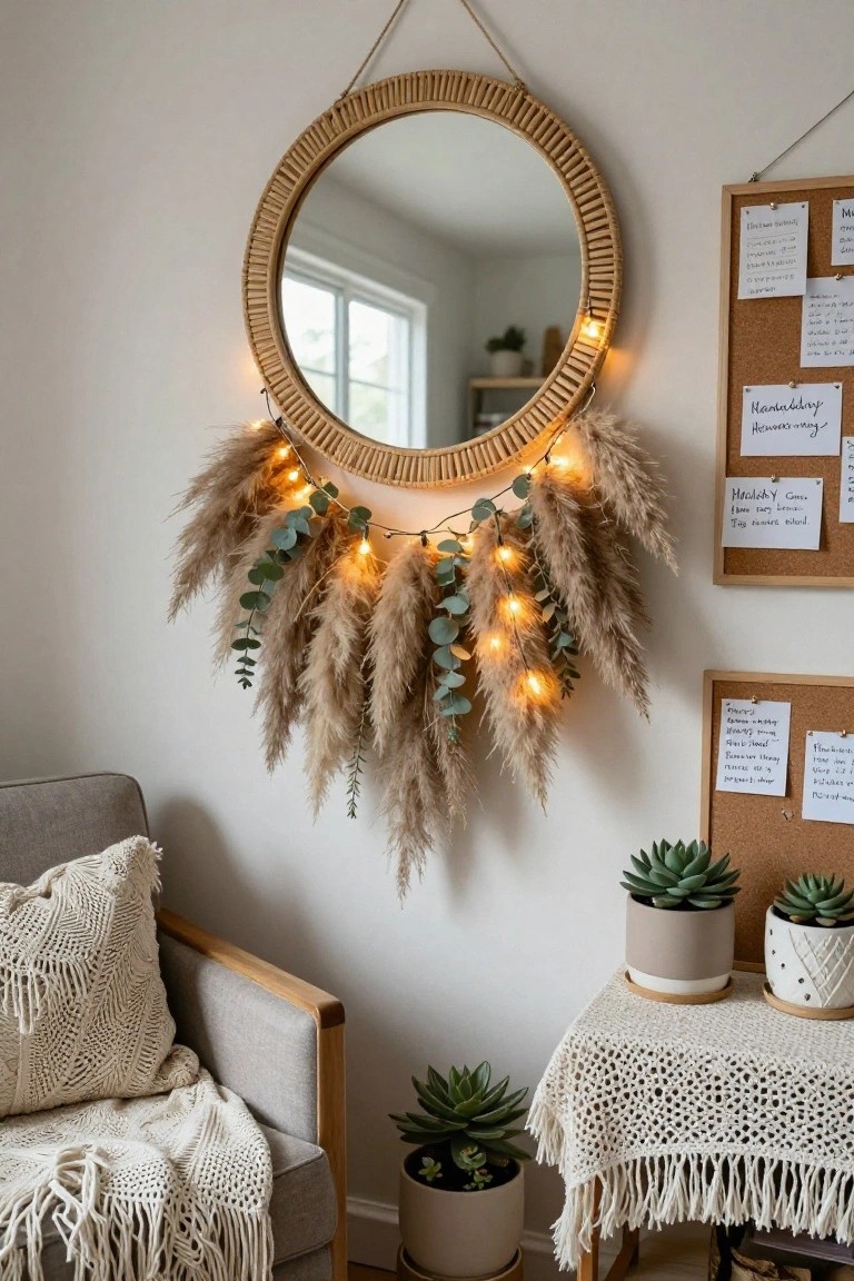 Round rattan mirror hanging on white wall draped with beige pampas grass, green eucalyptus, and warm white twinkle lights, beside wooden-framed corkboards with notes, with gray armchair, plants in pots, and crochet-draped side table nearby.