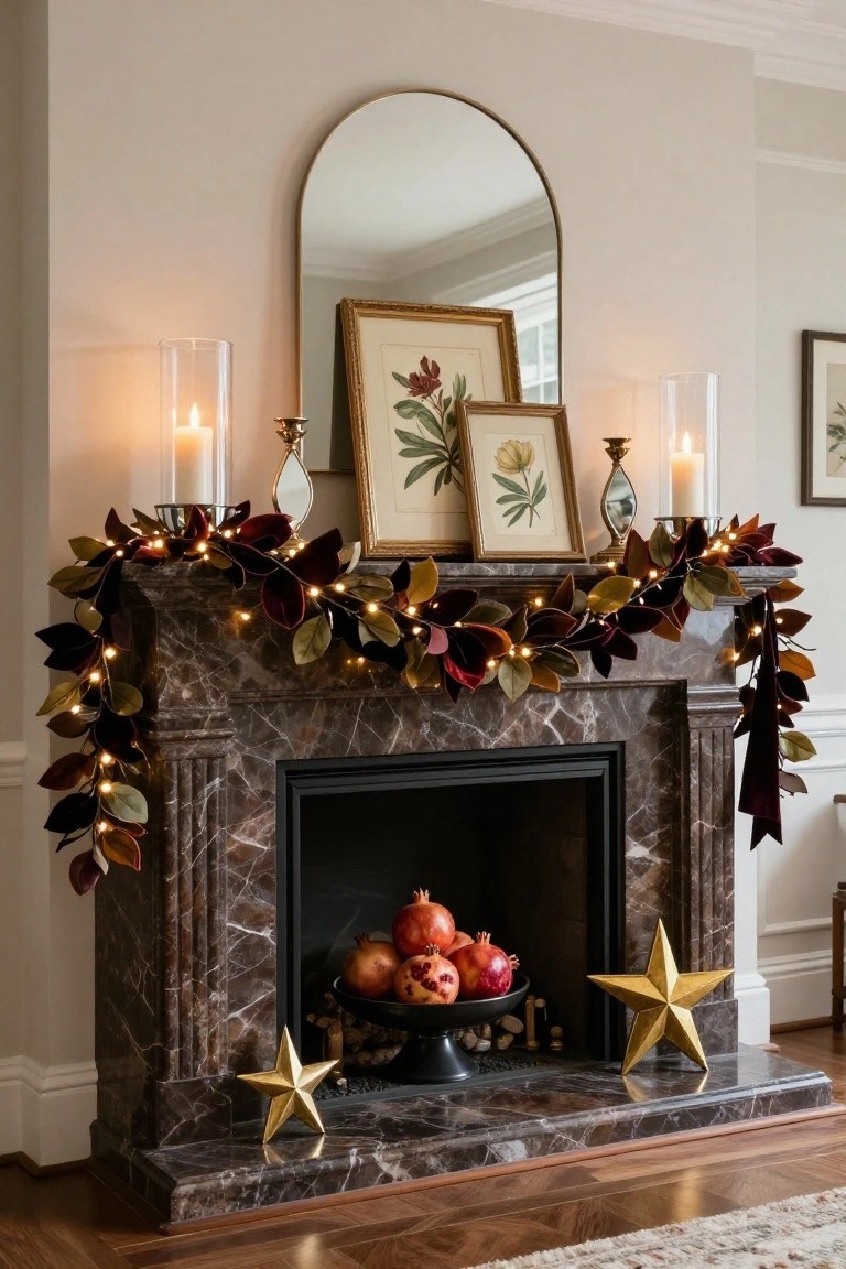 Marble fireplace mantel with velvet leaf garland strung with warm twinkle lights, gold-framed botanical prints above, glass candles on sides, pomegranates in black bowl inside hearth, and gold star sculptures on hearth edges.