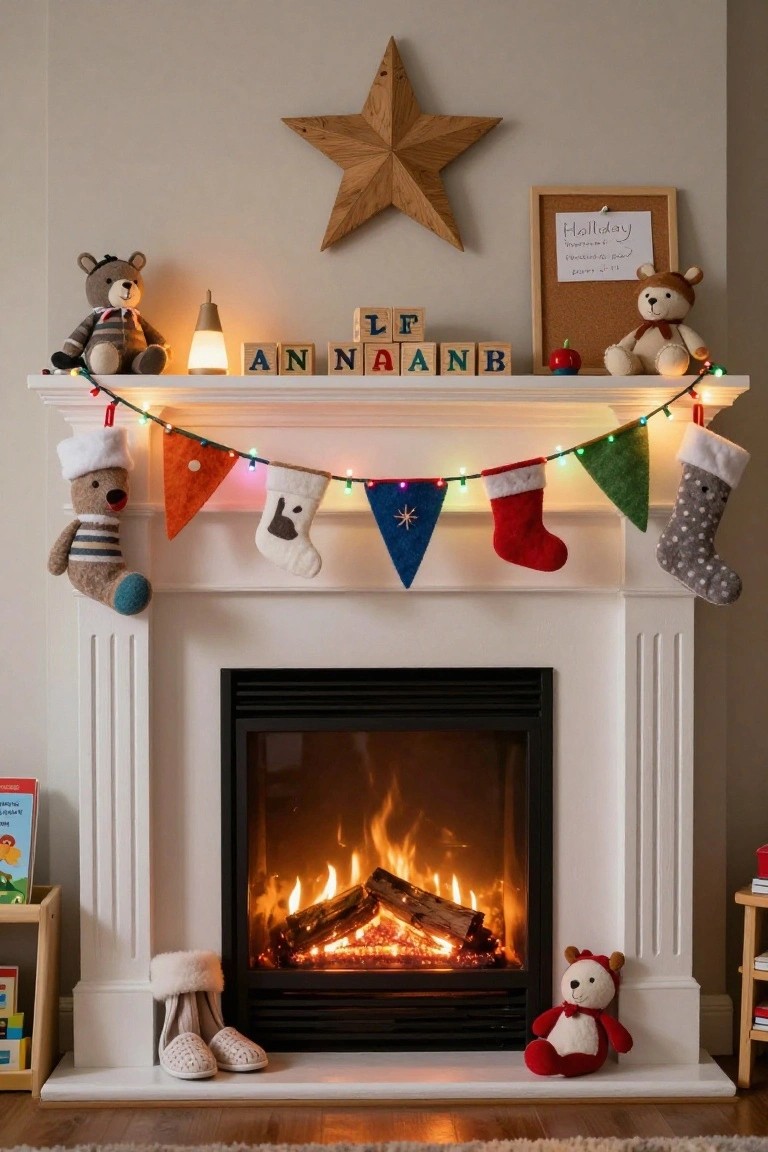 White fireplace mantel with twinkle lights strung through multicolored felt bunting flags, hanging stuffed animal stockings in white, red, and gray, wooden blocks spelling ANNA, small teddy bears, a ceramic lamp, and apple decoration above a lit gas fireplace.