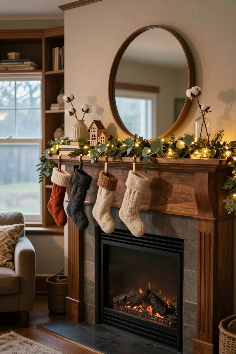 Wooden fireplace mantel decorated with green eucalyptus garland strung with white twinkle lights, colorful knit Christmas stockings hanging from gold hooks, cotton stems in vases, and a small wooden house figurine nearby.