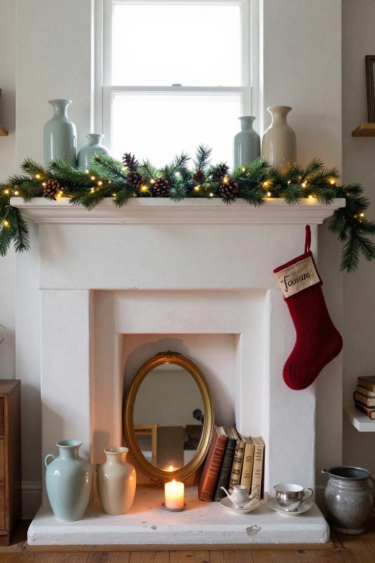 White fireplace mantel with green pine garland strung with white twinkle lights and pinecones, red knit stocking hanging from one end, gold mirror in the hearth, candles, books, vases, and teacup set on the hearth ledge.