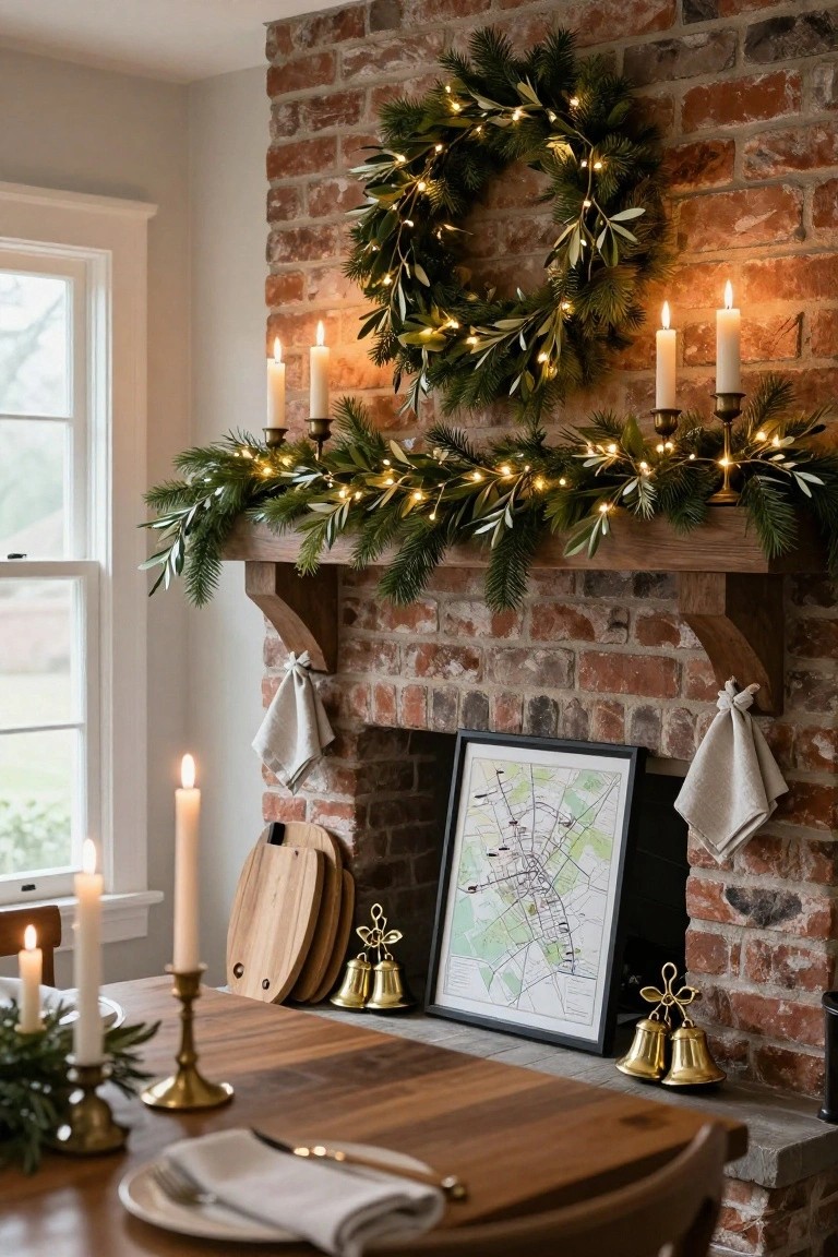Brick indoor fireplace mantel with olive leaf and fir garland strung with white twinkle lights, flanked by brass candlesticks and bells, a framed map on the hearth, and a nearby wooden dining table with white linens and more candles.