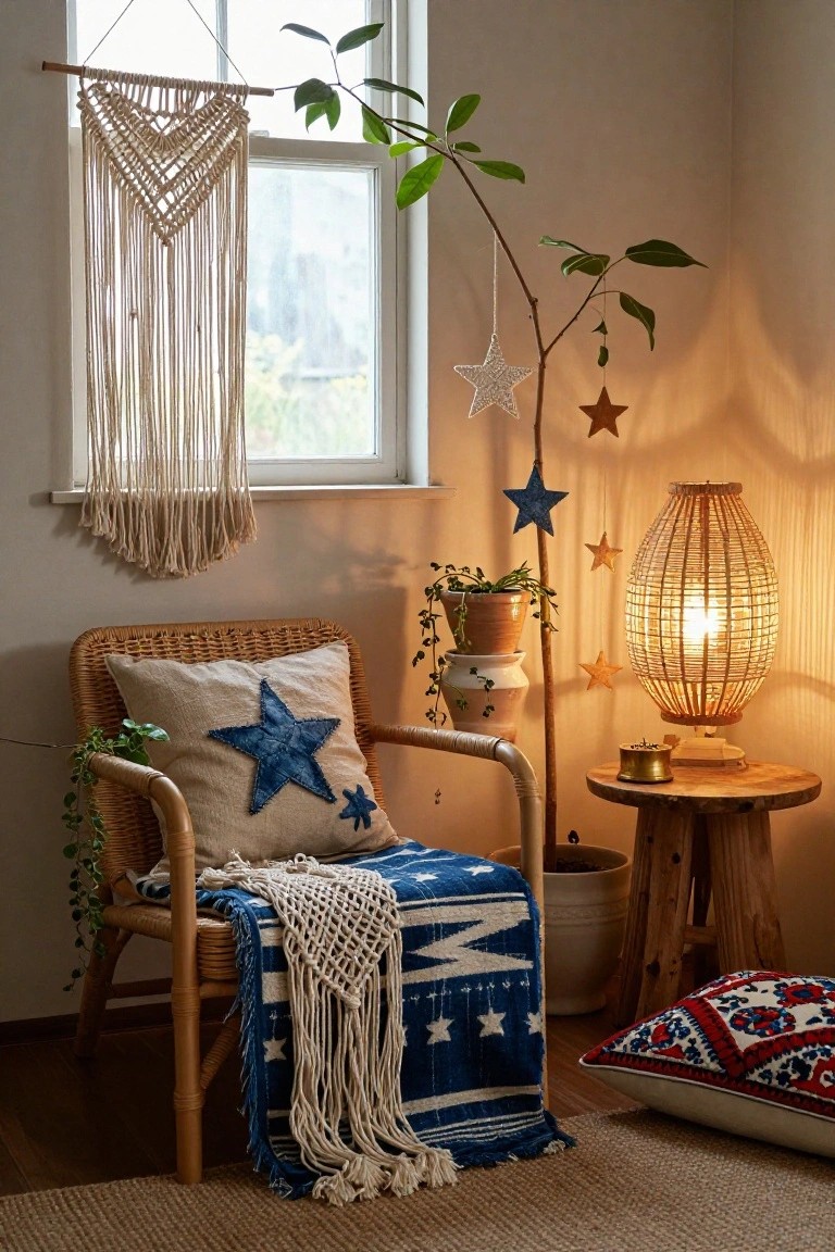 Cozy nook with a rattan chair, star-themed decor, plants, and warm lighting.