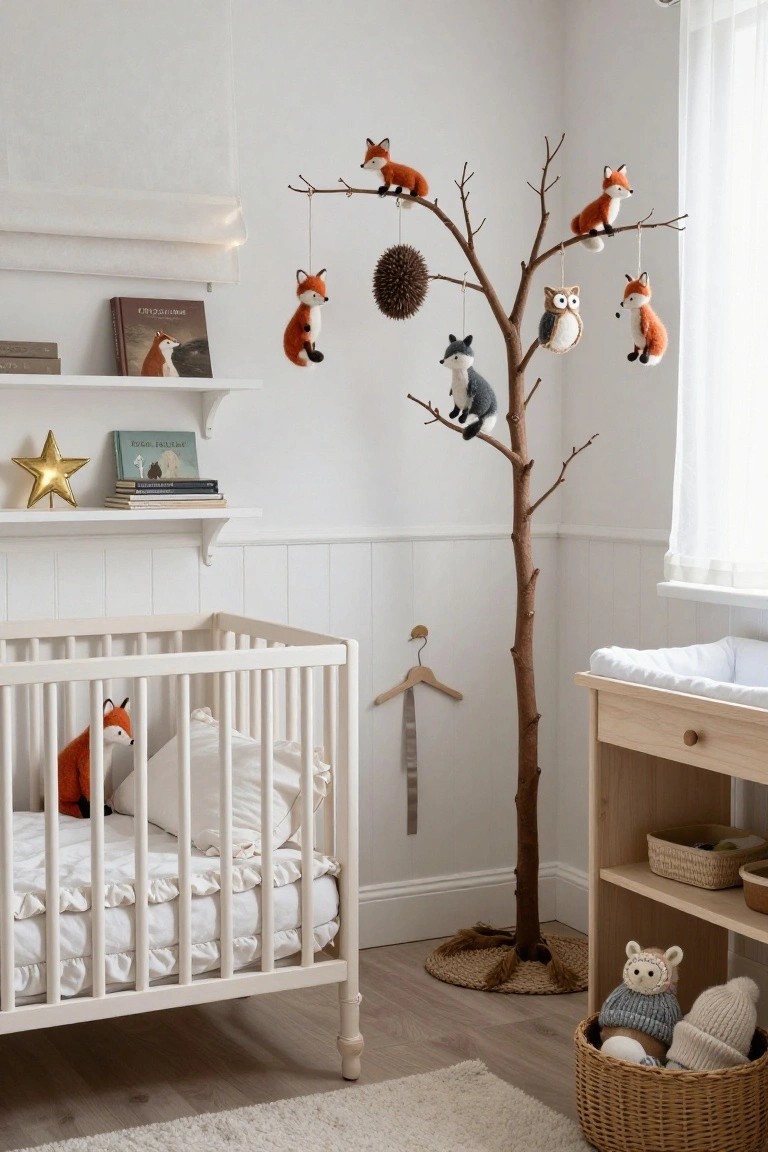 Nursery room with white crib, changing table, wooden shelves holding books and a gold star, and a tall natural branch tree mobile hanging felt fox, owl, raccoon, and pinecone ornaments.