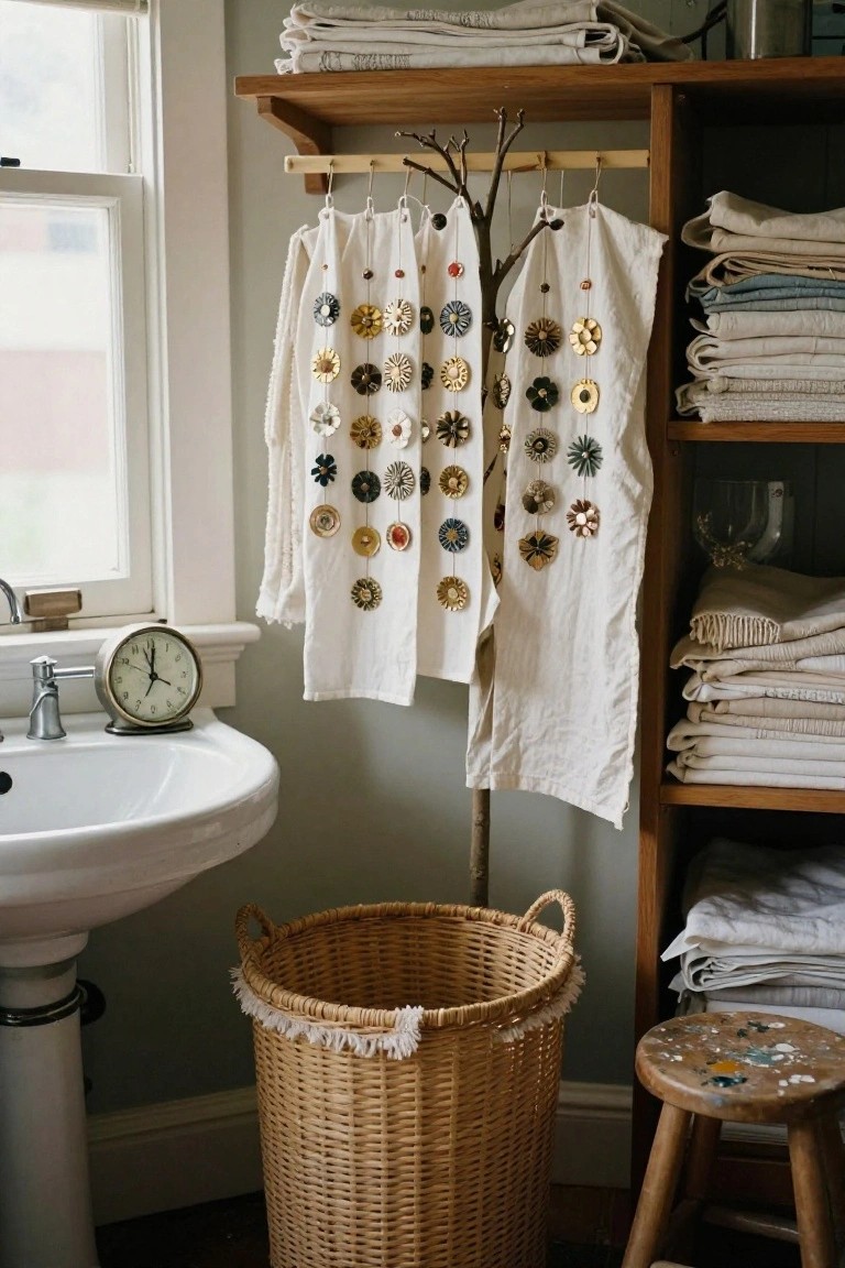 Cozy bathroom corner featuring a white pedestal sink, vintage alarm clock, wooden shelves with stacked linens, wicker laundry basket, small painted stool, and white tea towels covered in colorful button flowers hanging from a branch-like wooden rack.