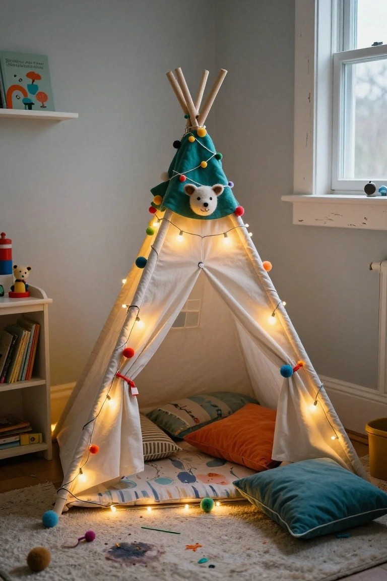 White canvas teepee tent in a child's bedroom corner with wooden poles, green fabric topper featuring a white bear face, multicolored pom poms and fairy lights strung along edges, pillows and blankets inside, surrounded by bookshelves, toys, and a rug on the floor.