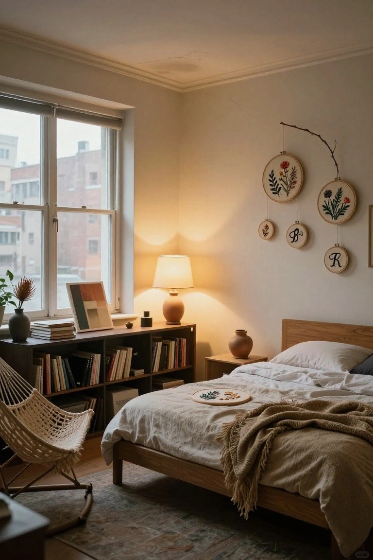 Cozy bedroom corner featuring a low wooden bed with white linens and tan throw, rattan rocking chair, bookshelves with books and pottery, potted plants, table lamp, and multiple small embroidered hoops with floral designs and letters hanging on the wall near a window.