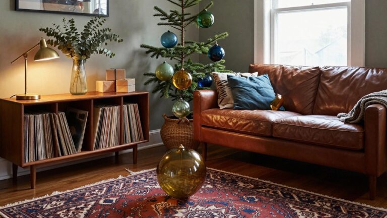 23 Unique Christmas Ornament Ideas That Stand Out on the Tree A lit Christmas tree decorated with large colorful glass orb ornaments in orange, blue, green, and clear, positioned in a living room corner beside wooden bookshelves, a leather sofa with pillows, wrapped gifts, and a woven basket on a patterned rug.