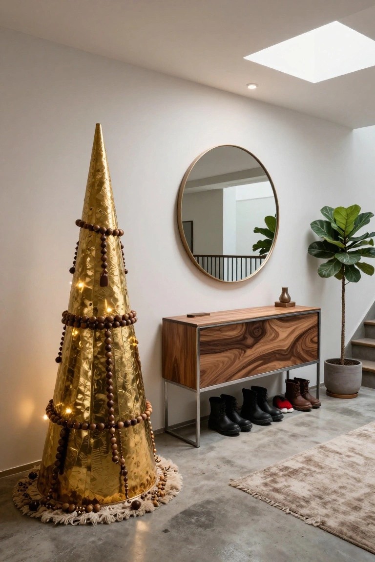 A tall shiny gold cone-shaped Christmas tree wrapped in brown wooden bead garlands and fairy lights stands in a modern white entryway next to a wooden console table, gold-framed round mirror, potted fiddle leaf fig plant, and row of boots on the floor.