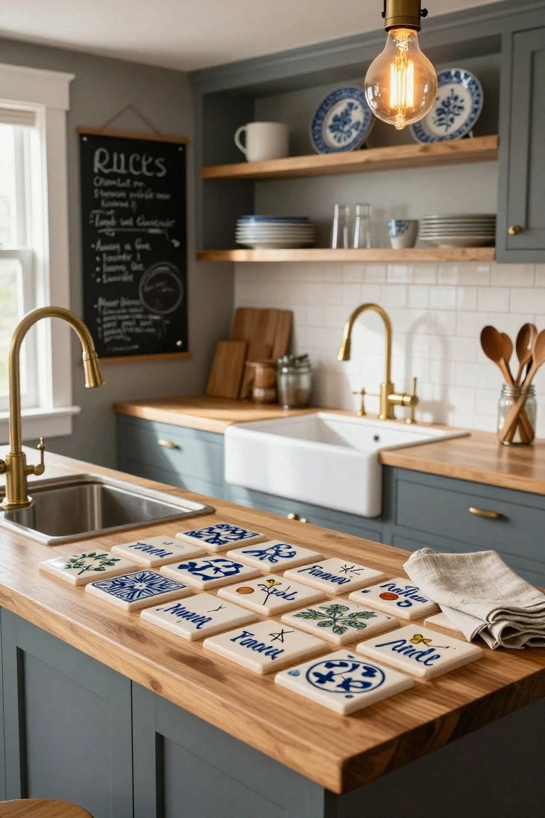 Wooden kitchen island top with multiple square white ceramic tiles featuring hand-painted blue herb motifs and names including Basilikum, Rozemarijn, Dille, and Munt, next to a linen cloth, in a kitchen with green cabinets, brass faucets, and white subway tile backsplash.