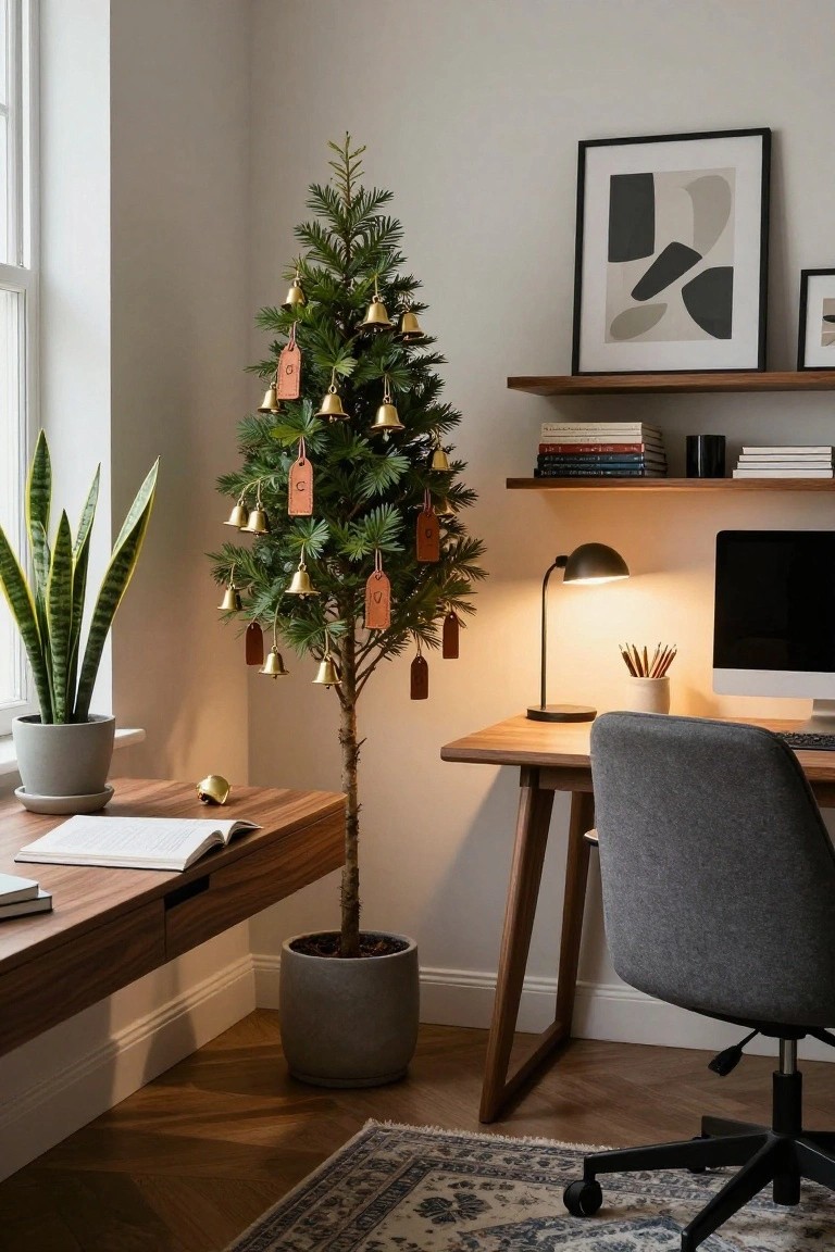 A small potted Christmas tree decorated with leather tags and brass bells stands beside a wooden desk with an open book, iMac computer, and desk lamp in a modern home office corner with a snake plant and floating shelves.