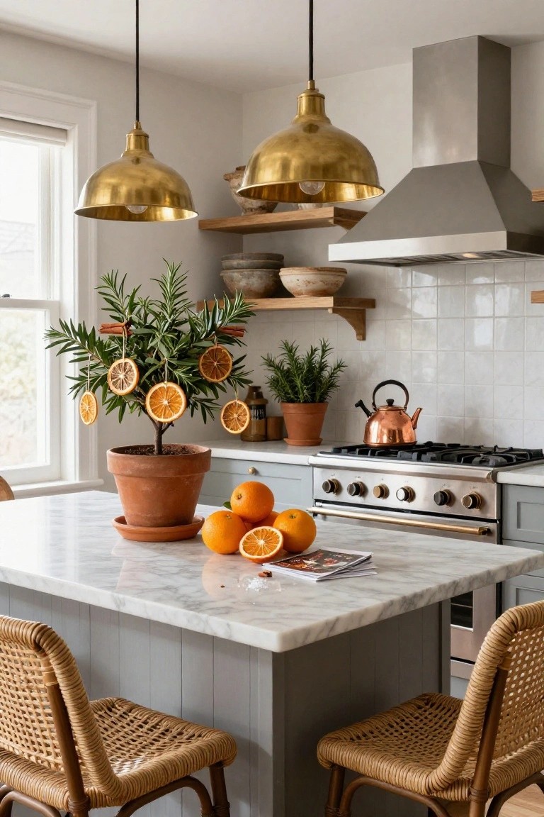 Kitchen island with white marble top holding a potted rosemary plant decorated with hanging dried orange slices and cinnamon sticks, fresh oranges nearby, rattan chairs, and brass pendant lights overhead.