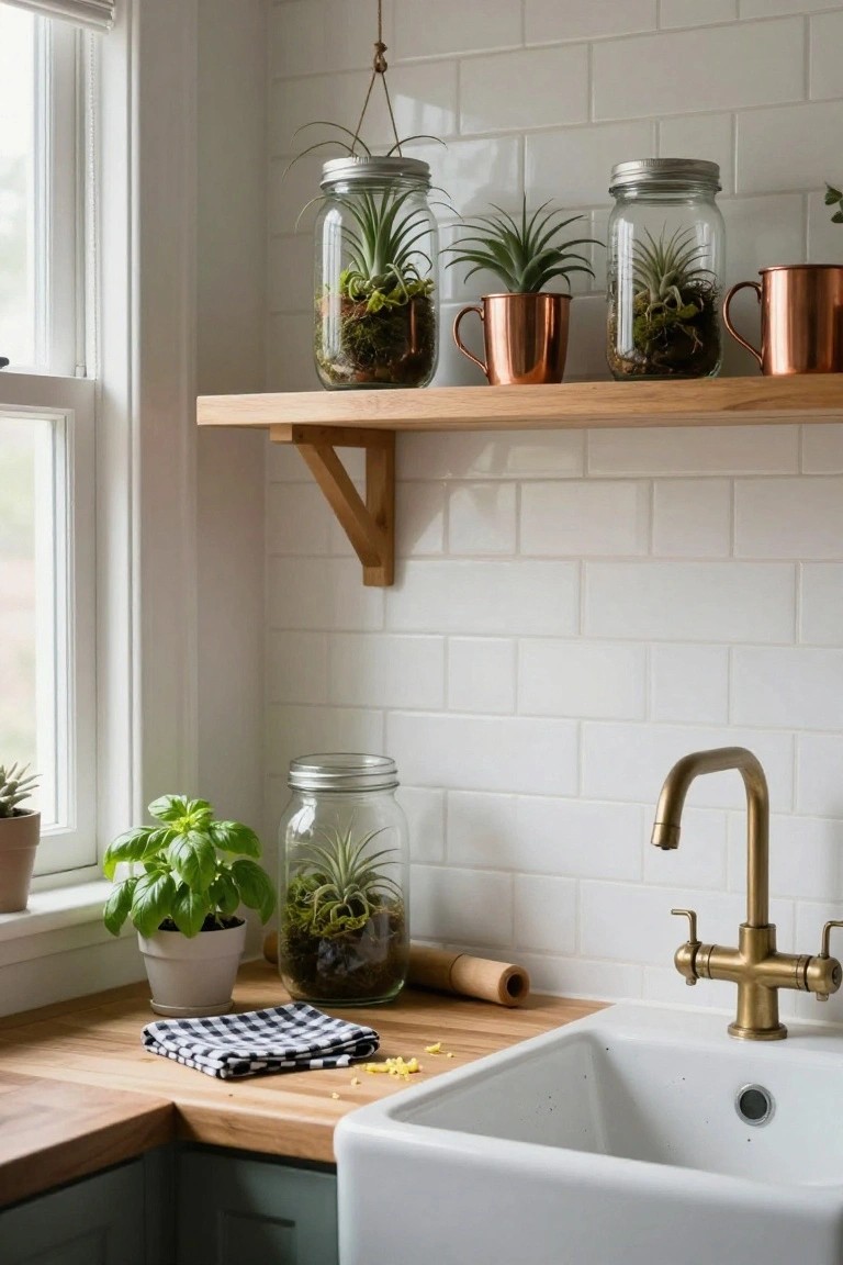 Kitchen corner with white subway tile walls, wooden floating shelf holding mason jar terrariums with air plants and moss, copper mugs with plants, hanging fern, white farmhouse sink with brass faucet, wooden countertop with potted basil and checkered cloth.