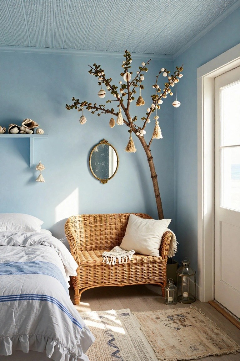Light blue bedroom with white bed linens, rattan chair with pillows, wooden shelf with seashells, antique mirror, tall branch decorated with hanging Christmas ornaments in corner, and glass door overlooking ocean.