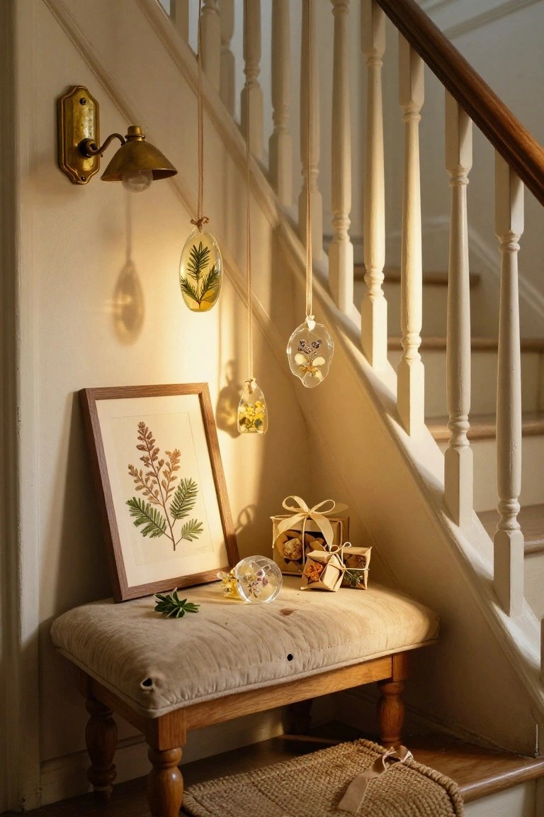 Warmly lit interior staircase corner featuring a beige upholstered bench with wooden legs holding wrapped gift boxes and a glass orb containing preserved plant material, alongside hanging resin ornaments filled with leaves and flowers suspended from the white railing, a framed pressed leaf artwork on the wall, and a brass wall lamp.