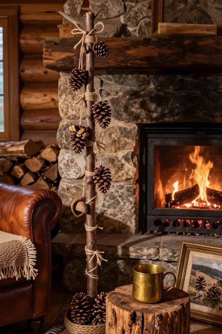 Tall wooden branch pole wrapped with twine and decorated with hanging pinecones next to a stone fireplace in a log cabin interior, with leather armchair, brass mug on tree stump, and wood stack nearby.