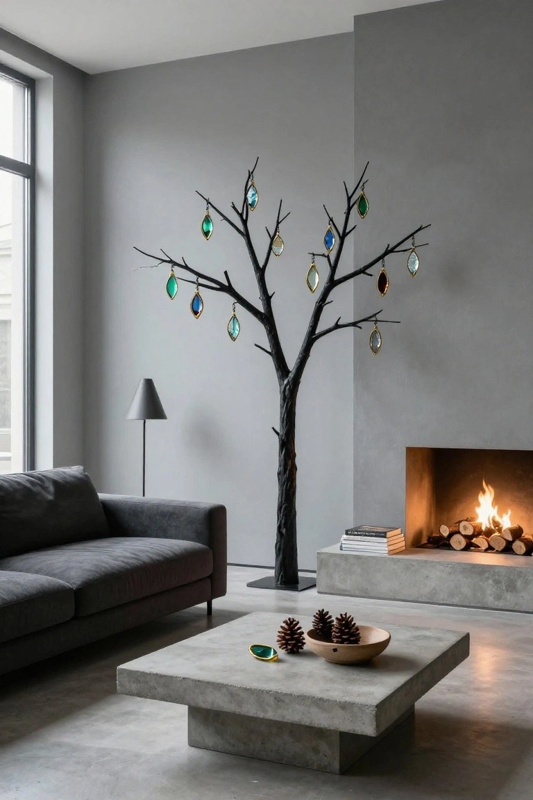 Tall black metal tree sculpture with colorful glass teardrop ornaments hanging from branches in a modern gray living room featuring a gray sofa, concrete coffee table with pinecones, floor lamp, and fireplace.