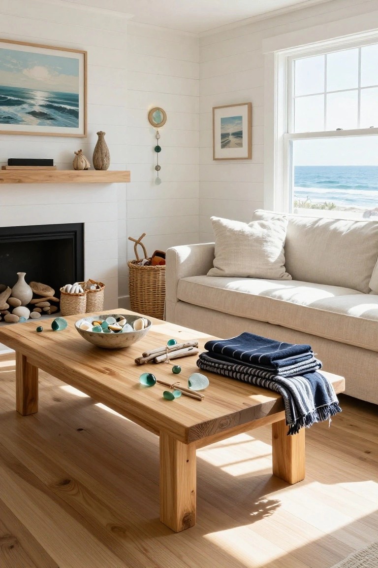 White shiplap-walled living room corner with fireplace, beige sofa, wooden coffee table holding bowls of seashells, sea glass pieces, driftwood, and stacked towels, large window showing ocean view.